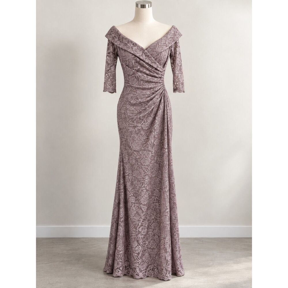 Oleg Cassini Women 4 Mauve Lace Off Shoulder Ruched Maxi Gown Glam Formal